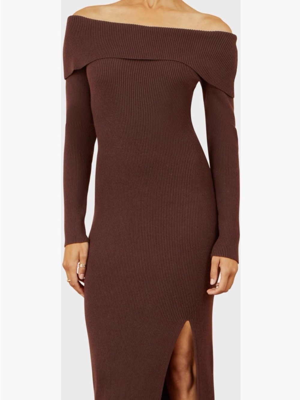 Ribbed Knit Off-Shoulder Dress in Warm Brown